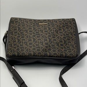 Calvin Klein Monogram Crossbody Shoulder Bag Brown Zips Adjustable Faux Leather